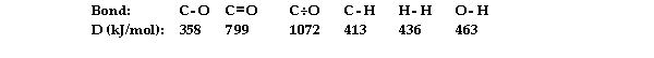 Using the table of average bond energies below, the OH for the reaction is kJ.     A)  - 735 B)  - 116 C)  - 276 D)  +735 E)  +276