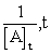 For a first-order reaction, a plot of __________ versus __________ is linear. A) ln [A]<sub>t</sub>,   B) ln [A]<sub>t</sub>, t C)    D) [A]<sub>t</sub>, t E)   