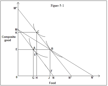 <strong>Figure 5-1 shows the preferences of a consumer for food and other goods.He is initially in equilibrium at point A where the budget line MN is tangent to the indifference curve. In Figure 5-1,the total outlay on other goods before the excise subsidy is given by _____.  </strong> A)0M B)0N C)0E D)0G <div style=padding-top: 35px> 