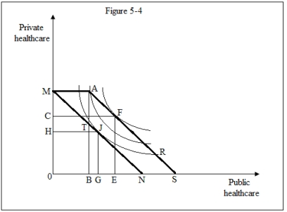 <strong>Figure 5-4 shows a family's preferences for public and private healthcare.Refer to Figure 5-4.Suppose the government offers a fixed quantity subsidy of healthcare valued at $B0.The new budget line becomes _____.  </strong> A)MAS B)MATN C)MN D)AS <div style=padding-top: 35px> 
