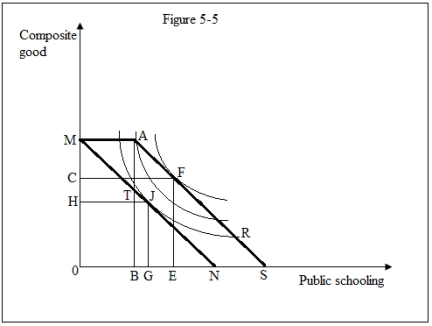 Use the following figure to answer the questions : Figure : 5-5 shows a family's preferences toward schooling,before and after a fixed-quantity subsidy.   -Prior to the subsidy,the family is in equilibrium at point J.Assume that public schooling cannot be supplemented with private tutoring.Refer to Figure 5-5.Suppose the government offers education vouchers of value $B0 instead of a fixed-quantity subsidy.The budget line will become _____.  A) MATN B) AS C) MN D) MAS