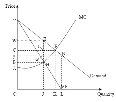 Use the following figure to answer the question : Figure 12-2 :  shows the downward sloping demand and marginal revenue [MR] curves and the upward sloping marginal cost [MC] curve of a monopolist.   -Refer to Figure 12-2.Comparing the result of perfect competition with that of a perfectly price-discriminating monopolist,there is an efficiency loss equal to: A) area VWE. B) area HEF. C) area JHFK. D) zero.There will be no efficiency loss in either case.