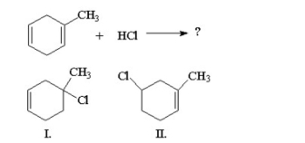What are the major products of the following reaction?   A)  I B)  II C)  I and II with more II and I D)  neither I nor II E)  equal amounts of I and II
