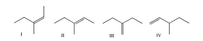 Which of the following alkenes forms 3-bromo-3-methylpentane as the major product when it reacts with HBr?   A)  I and II only B)  III only C)  I, II, and III only D)  all of them E)  none of them