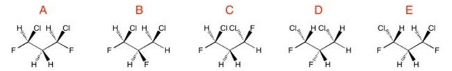 Identify identical compounds.   A)  B and D, A and C B)  A and C C)  B and D D)  A and B, A and D, B and C, C and D E)  B and D, A and B, A and D, B and C, C and D