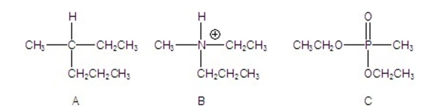 Which compounds have an asymmetric center?   A)  A B)  B C)  C D)  A and B E)  A, B, and C