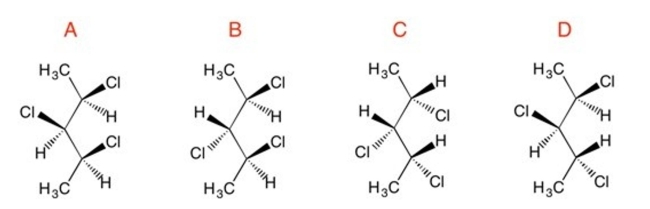 Identify pairs of diastereomers.   A)  B and D, A and C B)  A and C C)  B and D D)  A and B, A and D, B and C, C and D E)  B and D, A and B, A and D, B and C, C and D