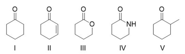Which of the following carbonyl groups exhibits an absorption band at the highest wavenumber?   A)  I B)  II C)  III D)  IV E)  V
