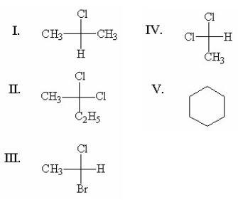 Which of the following compounds has an asymmetric center?   A) I B) II C) III D) IV E) V