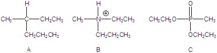 Identify the compounds that have an asymmetric center.   A) A B) B C) C D) A and B E) A, B, and C