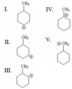 Which of the following is the most stable carbocation?   A) I B) II C) III D) IV E) V