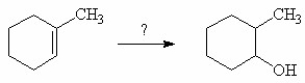What reagents are needed to accomplish the following transformation?   A) H<sub>2</sub>O/H<sup>+</sup> B) H<sub>2</sub>O/Peroxide C) OH<sup>-</sup> D) BH<sub>3</sub> E) 1)  BH<sub>3</sub>/ 2. HO<sup>-</sup>, H<sub>2</sub>O<sub>2</sub>, H<sub>2</sub>O