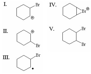 Which reaction intermediate is formed when Br<sub>2</sub>/CCl<sub>4</sub> reacts with cyclohexene?   A) I B) II C) III D) IV E) V