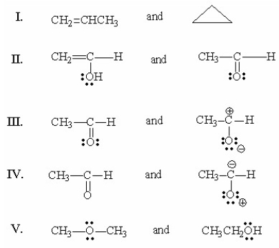Which of the following pairs are resonance structures?   A) I B) II C) III D) IV E) V