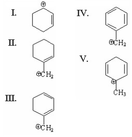 Which of the following is a benzylic cation?   A) I B) II C) III D) IV E) V