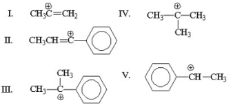 Which of the following is the most stable cation?   A) I B) II C) III D) IV E) V