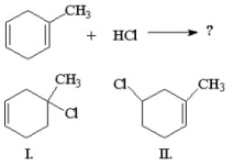 What is/are the product(s) from the following reaction?   A) I only B) II only C) I is minor, II is major D) I is major, II is minor E) equal amounts of I and II