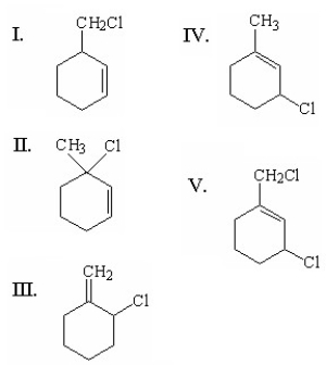 What is the thermodynamic product for the following reaction?     A) I B) II C) III D) IV E) V