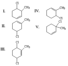 What is the kinetic product for the following reaction?     A) I B) II C) III D) IV E) V