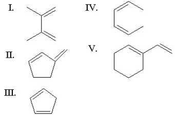 Which of the following dienes is the most reactive in a Diels-Alder reaction?   A) I B) II C) III D) IV E) V