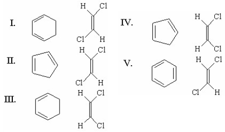 What diene and what dieneophile would be used to synthesize the following compound?     A) I B) II C) III D) IV E) V