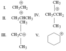 Which of the following carbocations is the least stable?   A) I B) II C) III D) IV E) V