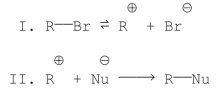 Consider the following reaction mechanism:   What effect will the following have on the rate? a. addition of Br<sup>-</sup> b. using a more polar solvent c. using a stronger nucleophile d. using a more concentrated nucleophile