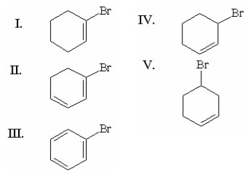 Which of the following alkyl halides forms the most stable carbocation when it undergoes an E1 reaction?   A) I B) II C) III D) IV E) V