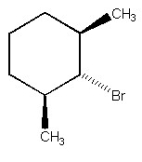 Why is the alkyl halide below not capable of undergoing an E2 reaction upon treatment with sodium ethoxide?   A) Br<sup>-</sup> is too poor a leaving group. B) The substrate is too hindered. C) Too much angle strain would be present in the alkene product. D) Sodium ethoxide is a poor base to use in E2 reactions. E) The C-H and C-Br bonds which need to break cannot achieve an anti-periplanar orientation.