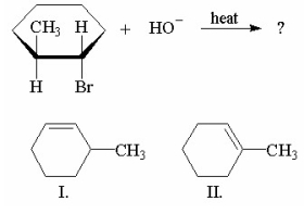 Which of the compounds shown below is/are the product(s) of this reaction?   A) I only B) II only C) I and II are of equal yield. D) I is major, II is minor. E) I is minor, II is major.