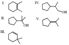Which of the following is least likely to be found in the product mixture which results when the alkyl iodide below is heated in water?     A) I B) II C) III D) IV E) V