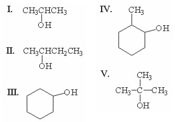 Which of the following alcohols gives a rearranged carbocation when dehydrated?   A) I B) II C) III D) IV E) V