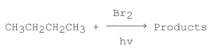 Consider the following monobromination reaction, then answer the following questions.    a) Give the structures and the IUPAC names for the products. b) Give the common names for the products. c) Calculate ΔH° for the overall reaction using the following data for the indicated bond dissociation energies:   d) Calculate the percent yield for each product. (relative rate of abstraction of 3° hydrogen is 1600; 2° is 82; and 1° is 1.) e) Propose a step-by-step mechanism for the major product only. f) Draw a schematic potential energy diagram for the rate-determining step (RDS)only. g) Does the transition state of the RDS resemble more closely the reactants or the products? h) Would the value of the activation energy be different for different alkanes? Explain. i) Would the reaction slow down or speed up if I<sub>2</sub> is used instead of Br<sub>2</sub>? Explain.