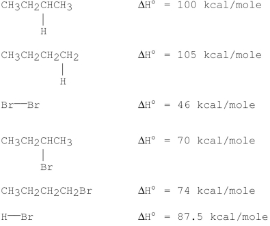 Consider the following monobromination reaction, then answer the following questions.    a) Give the structures and the IUPAC names for the products. b) Give the common names for the products. c) Calculate ΔH° for the overall reaction using the following data for the indicated bond dissociation energies:   d) Calculate the percent yield for each product. (relative rate of abstraction of 3° hydrogen is 1600; 2° is 82; and 1° is 1.) e) Propose a step-by-step mechanism for the major product only. f) Draw a schematic potential energy diagram for the rate-determining step (RDS)only. g) Does the transition state of the RDS resemble more closely the reactants or the products? h) Would the value of the activation energy be different for different alkanes? Explain. i) Would the reaction slow down or speed up if I<sub>2</sub> is used instead of Br<sub>2</sub>? Explain.