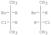 When (R) -2-bromobutane reacts with Cl<sub>2</sub>/hv, which of the following is true?   I II A) Only I is formed. B) Only II is formed. C) I and II are formed in equal amounts. D) I and II are formed in unequal amounts. E) I and II could never form under these conditions.