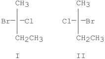 When (R) -2-chlorobutane reacts with Br<sub>2</sub>/hv, which of the following is true?   A) Only I is formed. B) Only II is formed. C) Both I and II are formed in equal amounts. D) Both I and II are formed in unequal amounts. E) Both I and II could never form under these conditions.