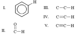 Which of the following carbon-hydrogen bonds exhibits the lowest wavenumber for a C-H stretch in infrared spectroscopy?   A) I B) II C) III D) IV E) V