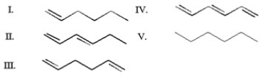Which of the following compounds exhibits the highest λ<sub>max</sub> in UV spectra?   A) I B) II C) III D) IV E) V