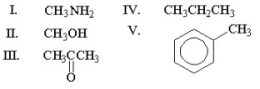 Which of the following methyl groups will exhibit the most downfield (highest) chemical shift in <sup>1</sup>H NMR spectroscopy?   A) I B) II C) III D) IV E) V