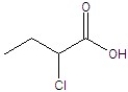 Give the structure of a compound that has a formula of C<sub>4</sub>H<sub>7</sub>ClO<sub>2</sub> and has a triplet (3H, 1.1 ppm) , quintet (2H, 1.2 ppm) , triplet (1H, 4.4 ppm) , and singlet (1H, 11.6 ppm) in the <sup>1</sup>H NMR spectrum. A)    B)    C)    D)    E)   