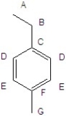 Predict the splitting pattern in the proton coupled <sup>13</sup>C NMR spectrum for the following compound.   A) A, B, G = quartet; C, D, E, F = doublet B) A, B, G = triplet; C, D, E, F = singlet C) A, G = quintet; B = quartet; D, E = triplet; C, F = doublet D) A, G = triplet; B = doublet; D, E = singlet E) A, G = quartet; B = triplet; D, E = doublet; C, F = singlet