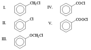 Which of the following compounds is benzoyl chloride?   A) I B) II C) III D) IV E) V