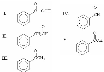 Which of the following compounds is benzaldehyde?   A) I B) II C) III D) IV E) V