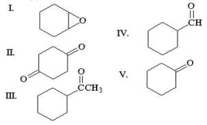 Which of the following is cyclohexanone?   A) I B) II C) III D) IV E) V
