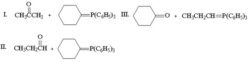 What carbonyl compound and what phosphonium ylide are required for the synthesis of the following alkene?     A) I B) II C) III D) II or III E) I, II, or III