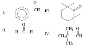 Which of the following compounds does not have an alpha hydrogen?   A) I B) II C) III D) IV E) all of the above
