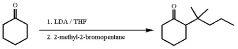 A student proposed the following synthesis. Why did it fail?   A) The use of LDA results in the thermodynamic product instead of the desired kinetic product. B) LDA is insoluble in the THF solvent so the reaction is too slow to occur at a useful rate. C) LDA acts as a nucleophile instead of a base in its reaction with cyclohexanone. D) The tertiary bromide is too sterically hindered to be attacked by the enolate. E) Instead of 2-methyl-2-bromopentane, 2-bromo-3-methylpentane should have been used to anticipate a cationic rearrangement that would occur.
