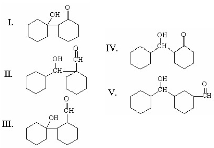 What is the major organic product of the following aldol addition?     A) I B) II C) III D) IV E) V