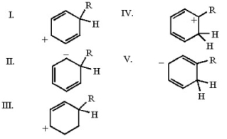 Which of the following is one of the resonance contributors of the intermediate produced in a Friedel-Crafts alkylation of benzene?   A) I B) II C) III D) IV E) V