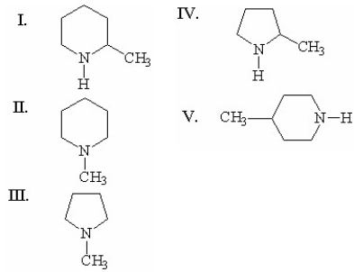 Which of the following is the structure for N-methylpiperidine?   A) I B) II C) III D) IV E) V